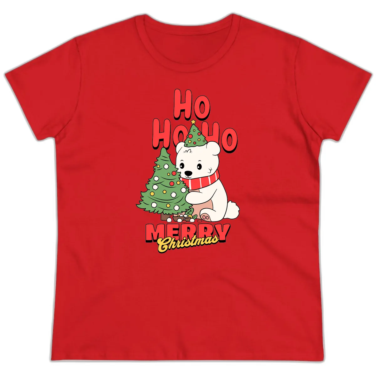 Polar Bear Ho Ho Ho Christmas Ladies Tee in Red
