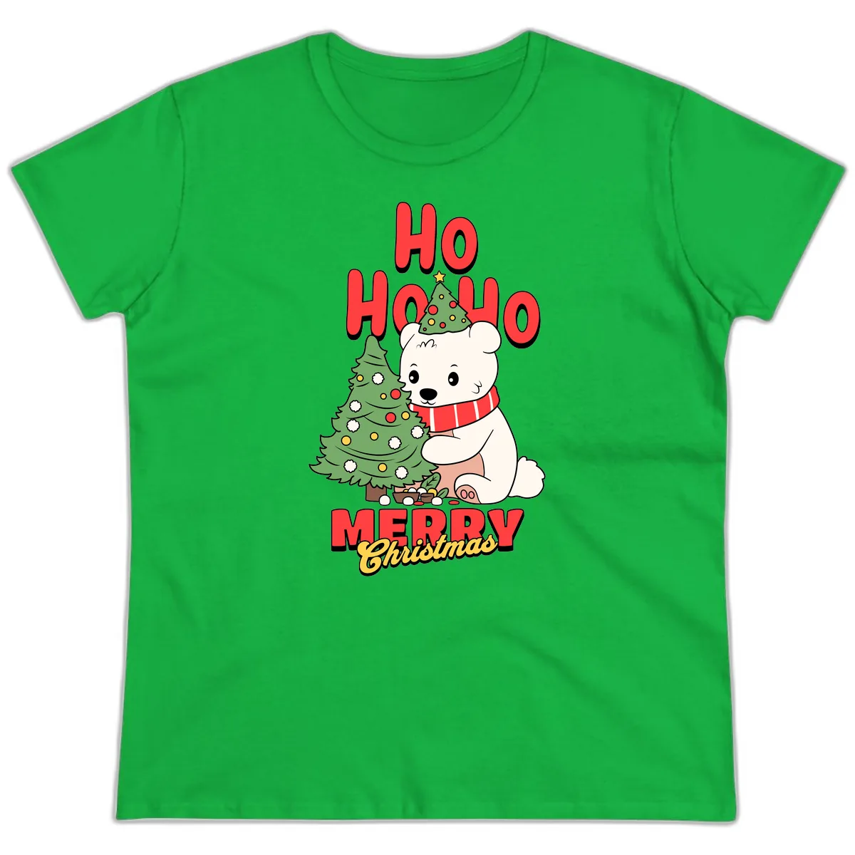 Polar Bear Ho Ho Ho Christmas Ladies Tee in Irish Green