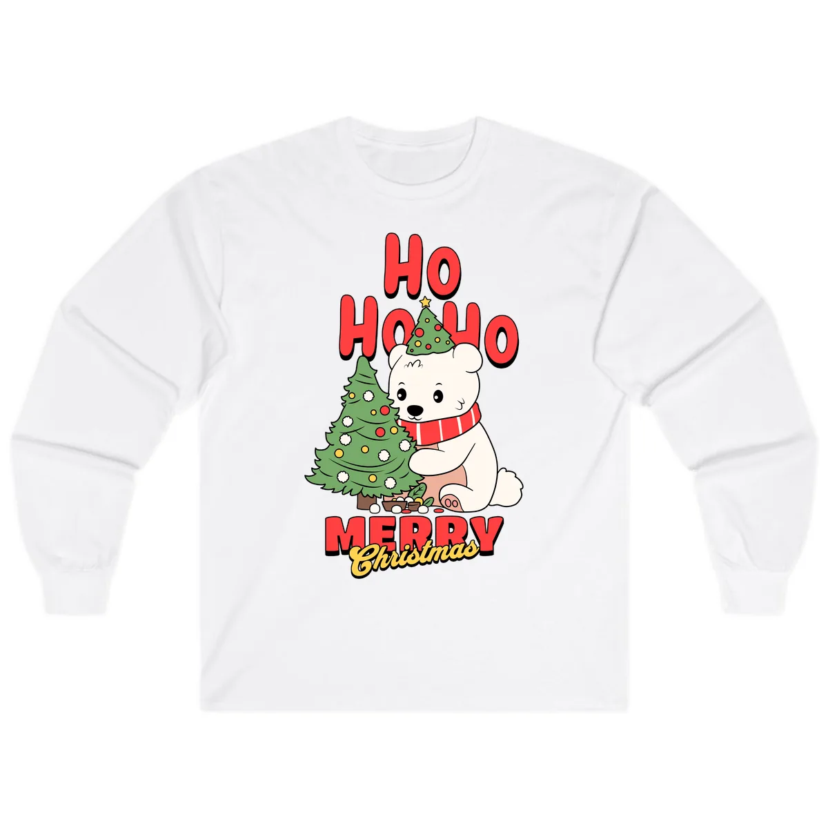 Polar Bear Ho Ho Ho Christmas Long Sleeve in White