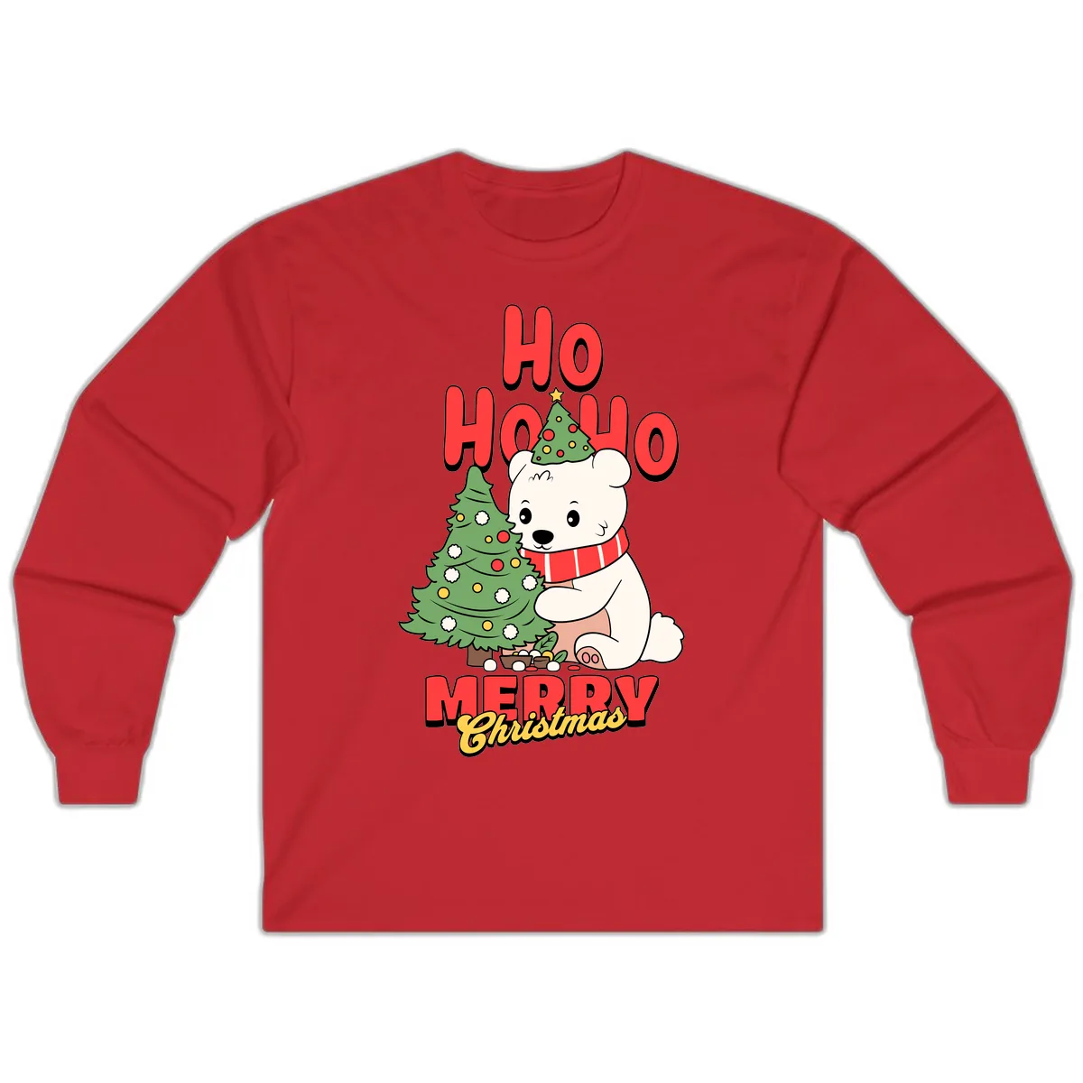 Polar Bear Ho Ho Ho Christmas Long Sleeve in Red