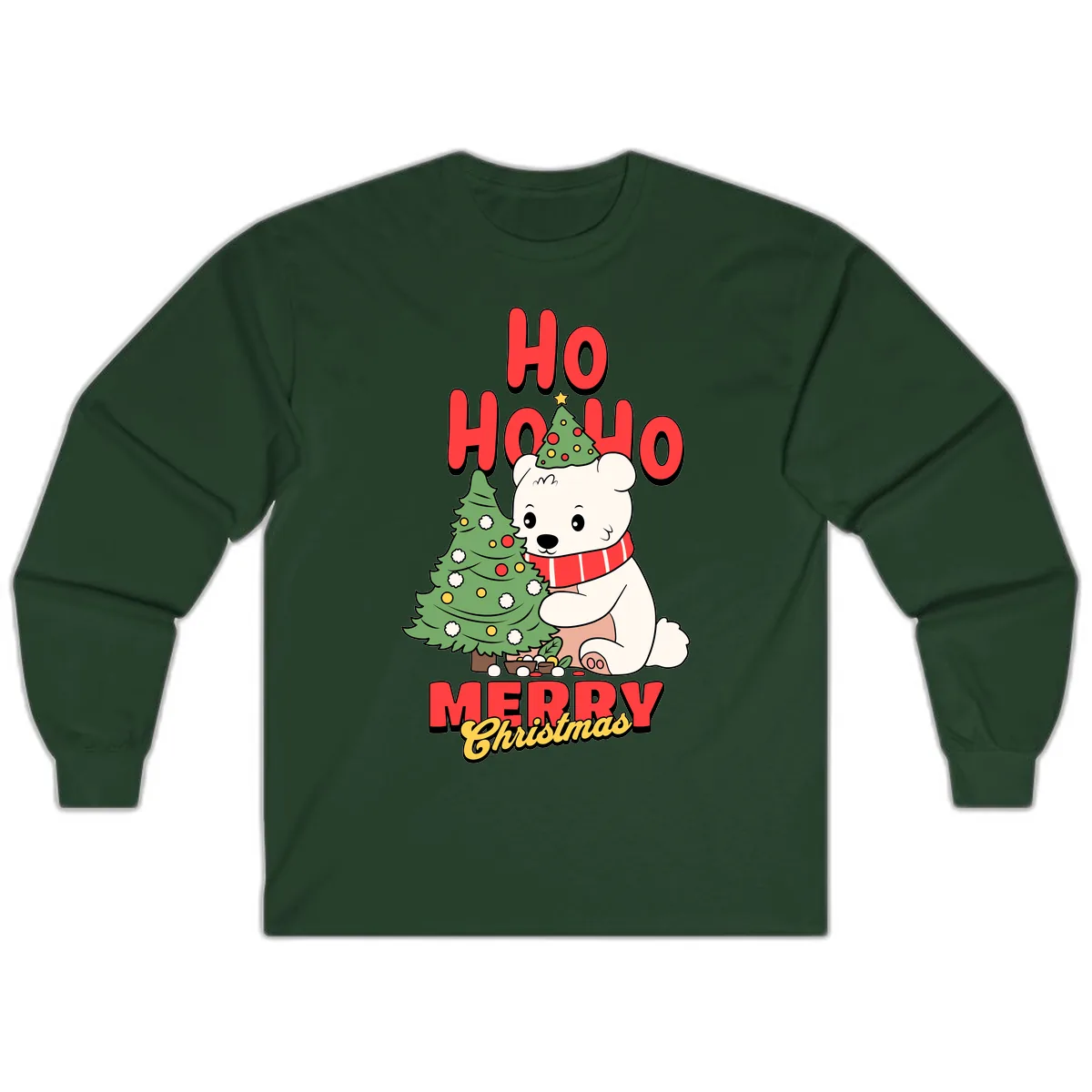 Polar Bear Ho Ho Ho Christmas Long Sleeve in Forest Green