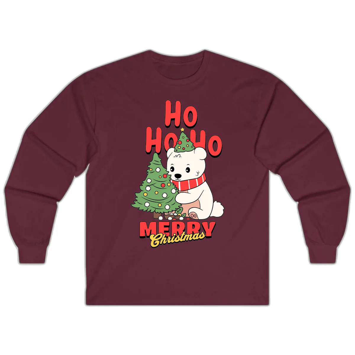 Polar Bear Ho Ho Ho Christmas Long Sleeve in Maroon