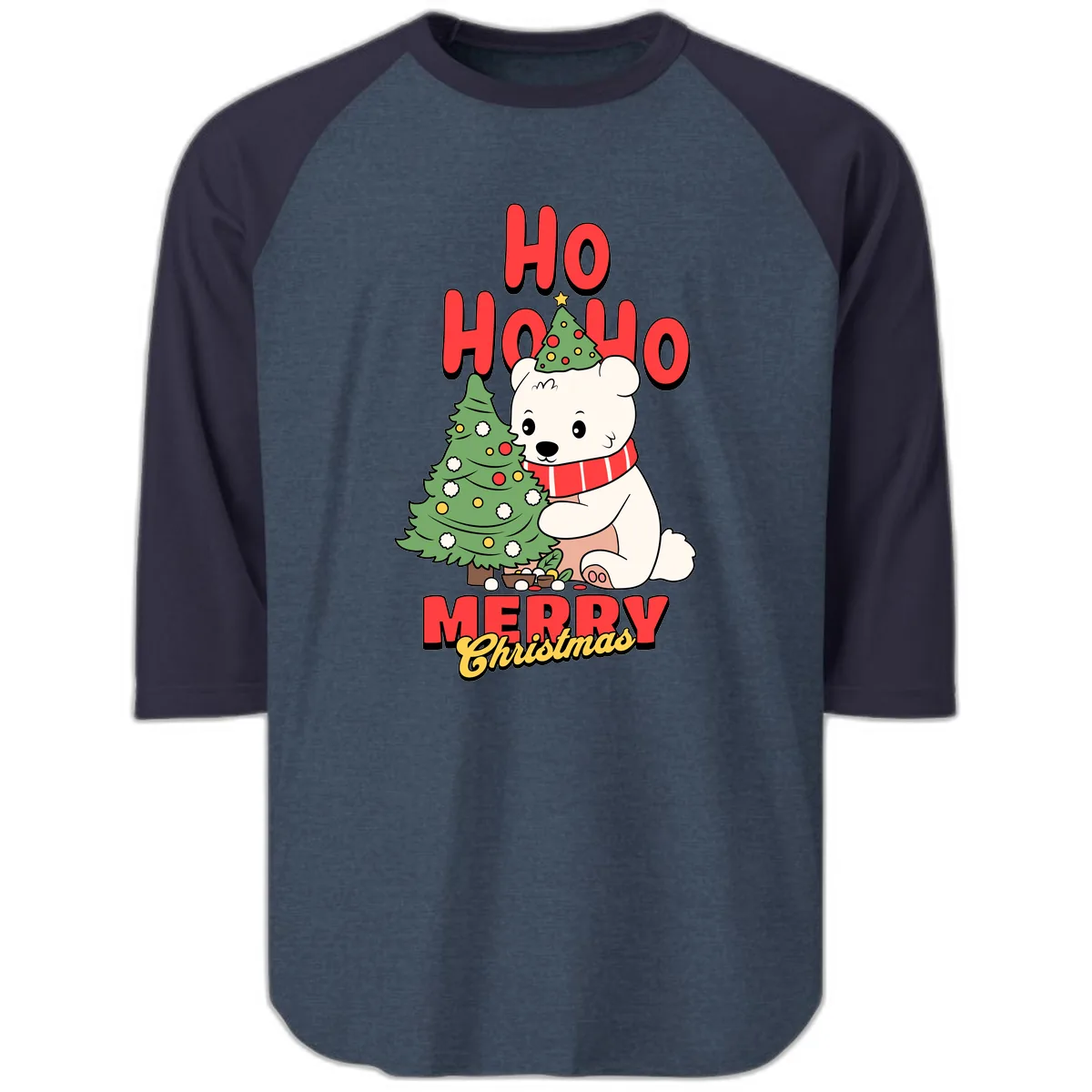 Polar Bear Ho Ho Ho Christmas Raglan 3/4 in Heather Denim Navy