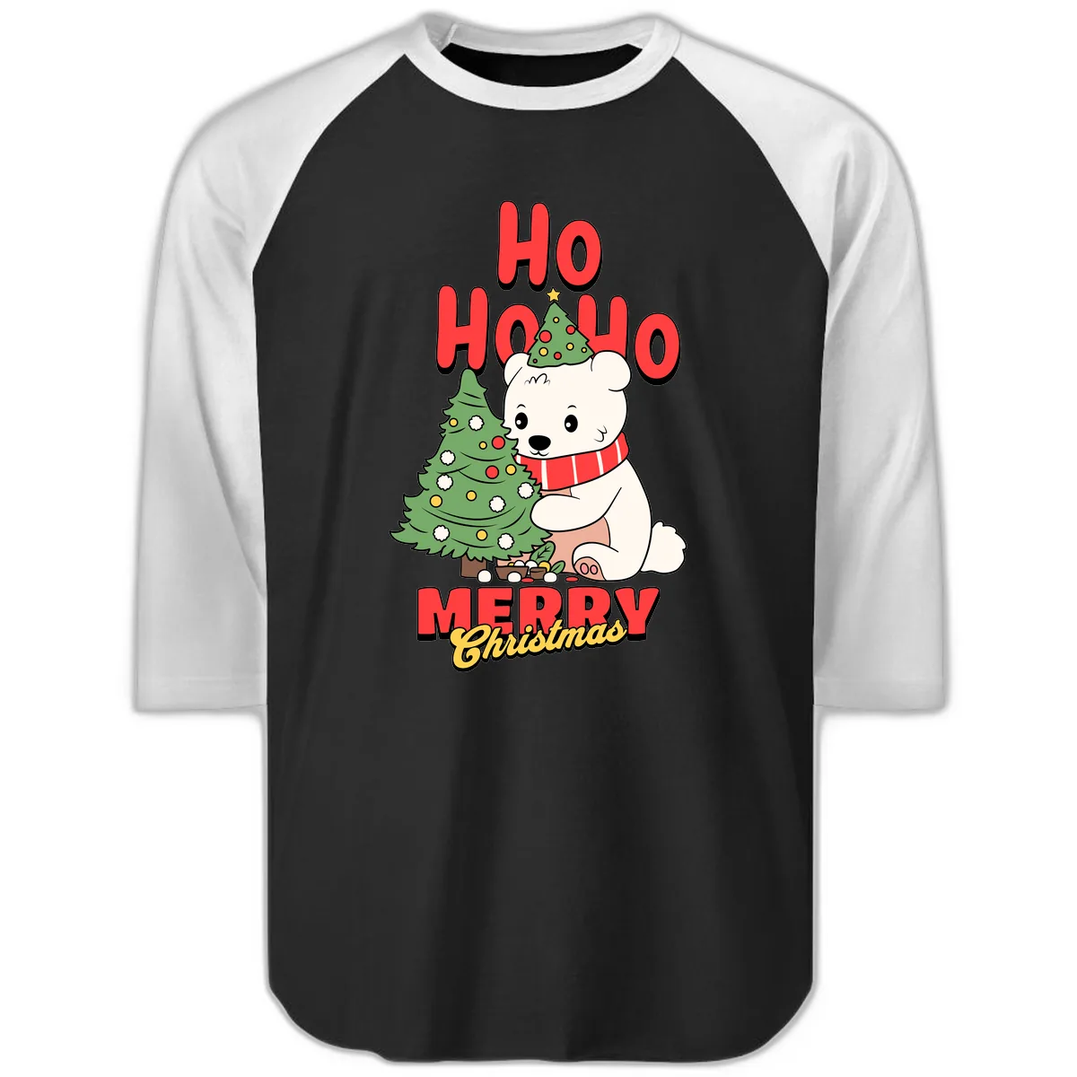 Polar Bear Ho Ho Ho Christmas Raglan 3/4 in Black White