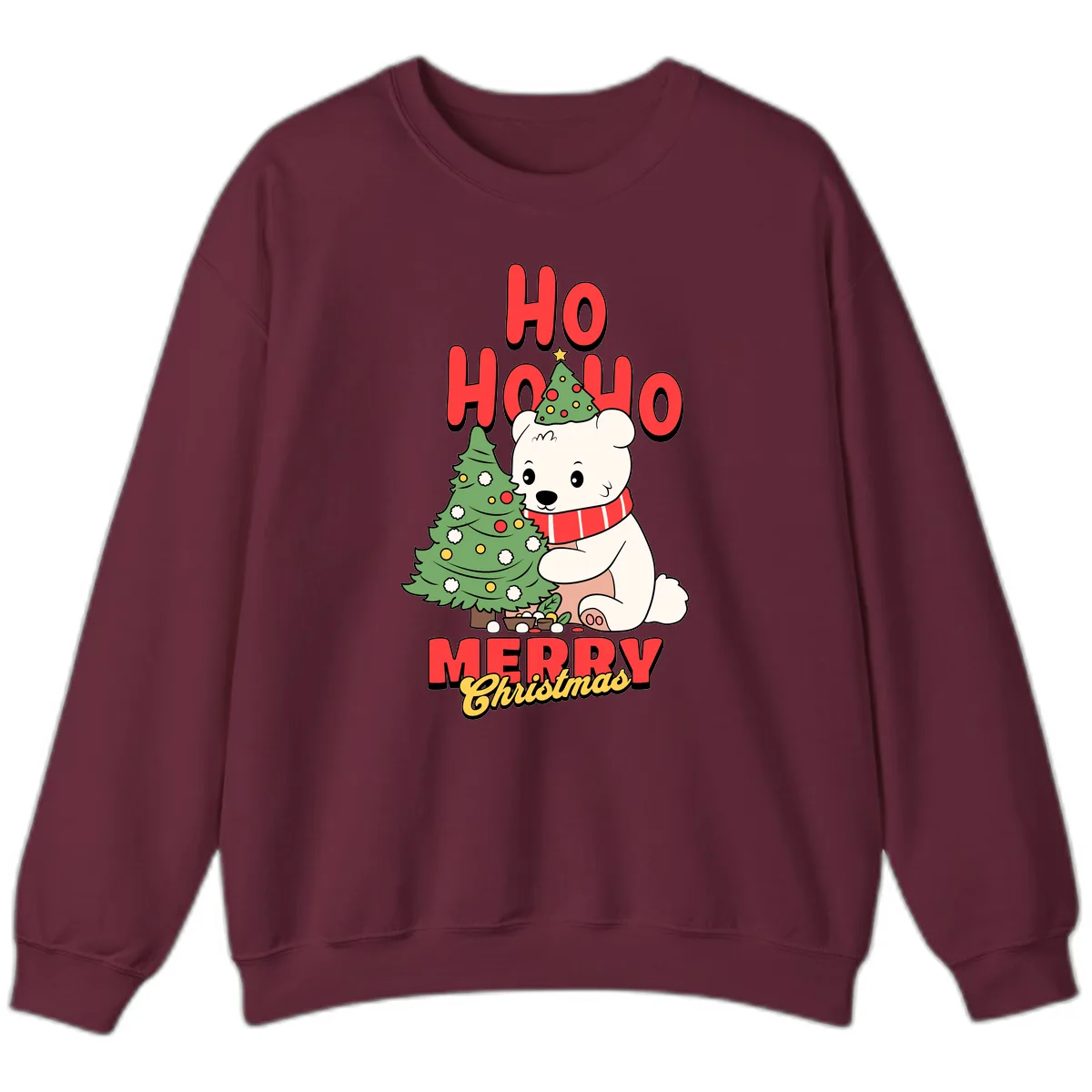 Polar Bear Ho Ho Ho Christmas Sweatshirt in Maroon