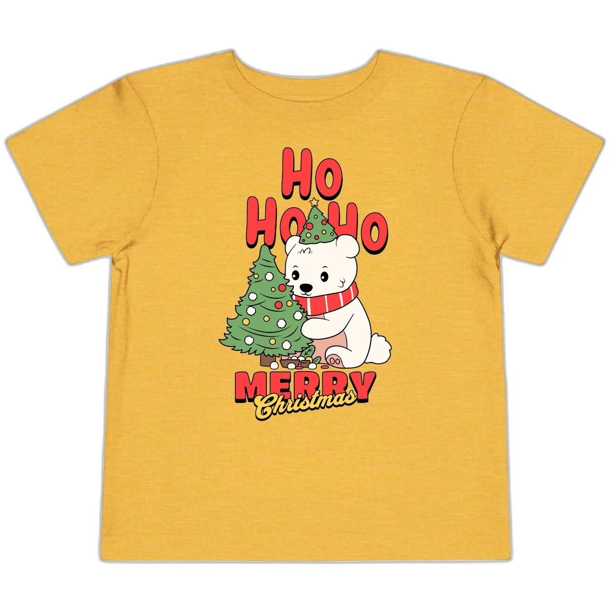Polar Bear Ho Ho Ho Christmas Toddler T-Shirt in Heather Yellow Gold