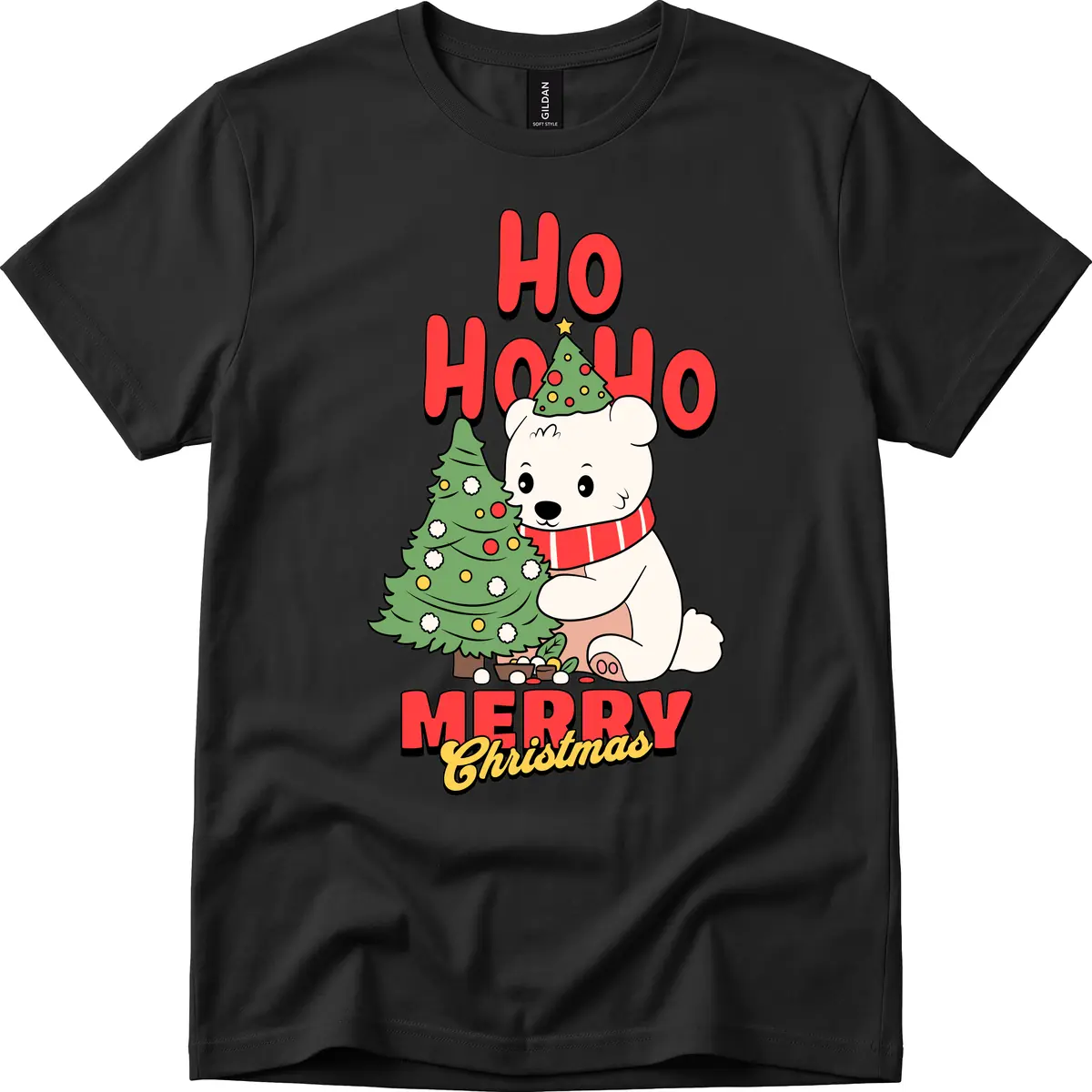 Polar Bear Ho Ho Ho Christmas T-Shirt in Black