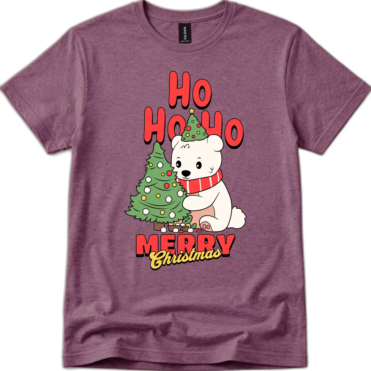 Polar Bear Ho Ho Ho Christmas T-Shirt in Heather Maroon
