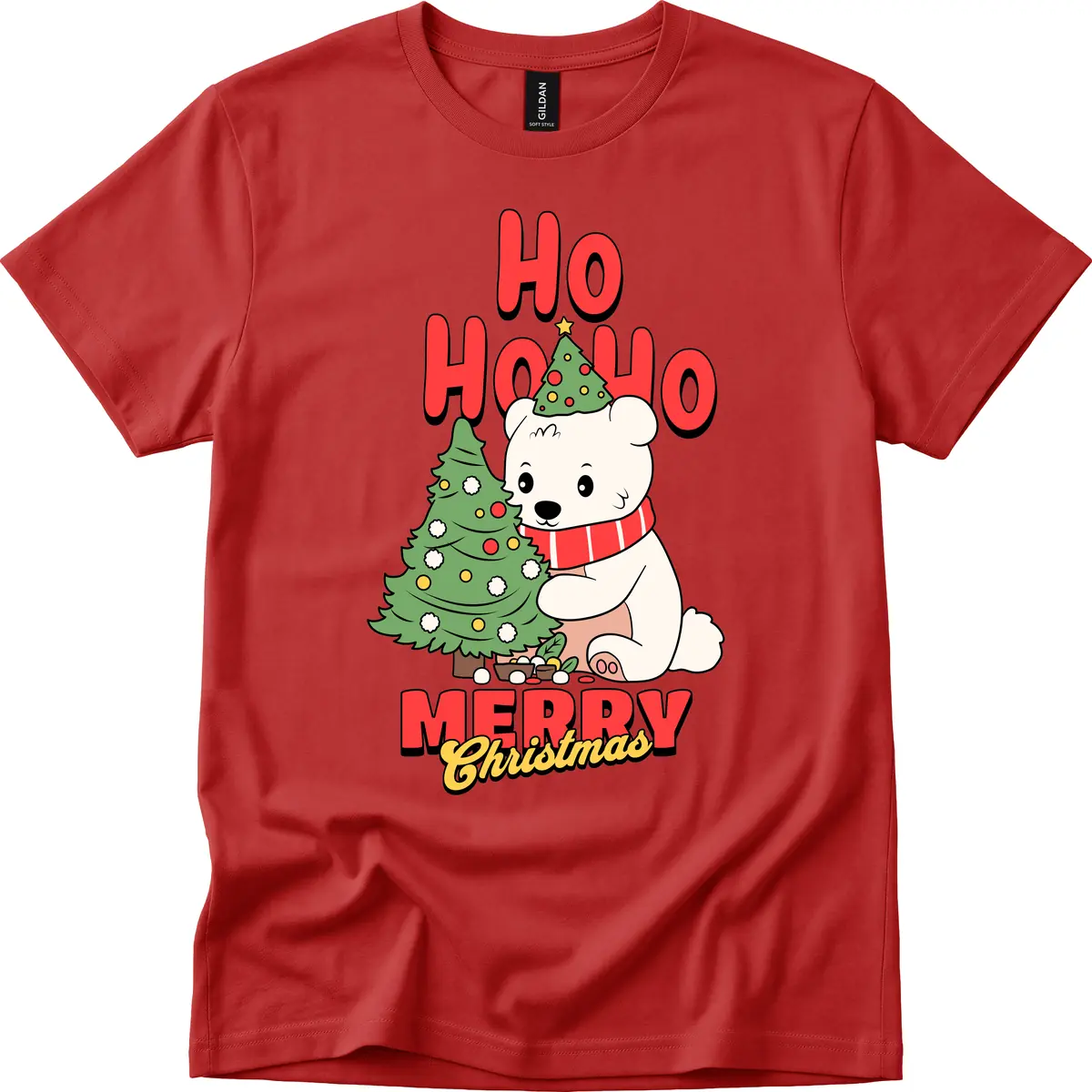 Polar Bear Ho Ho Ho Christmas T-Shirt in Red