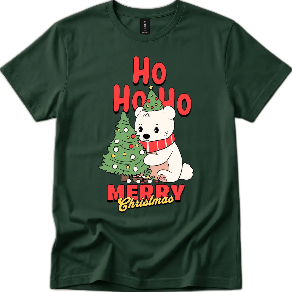 Polar Bear Ho Ho Ho Christmas T-Shirt in Forest Green