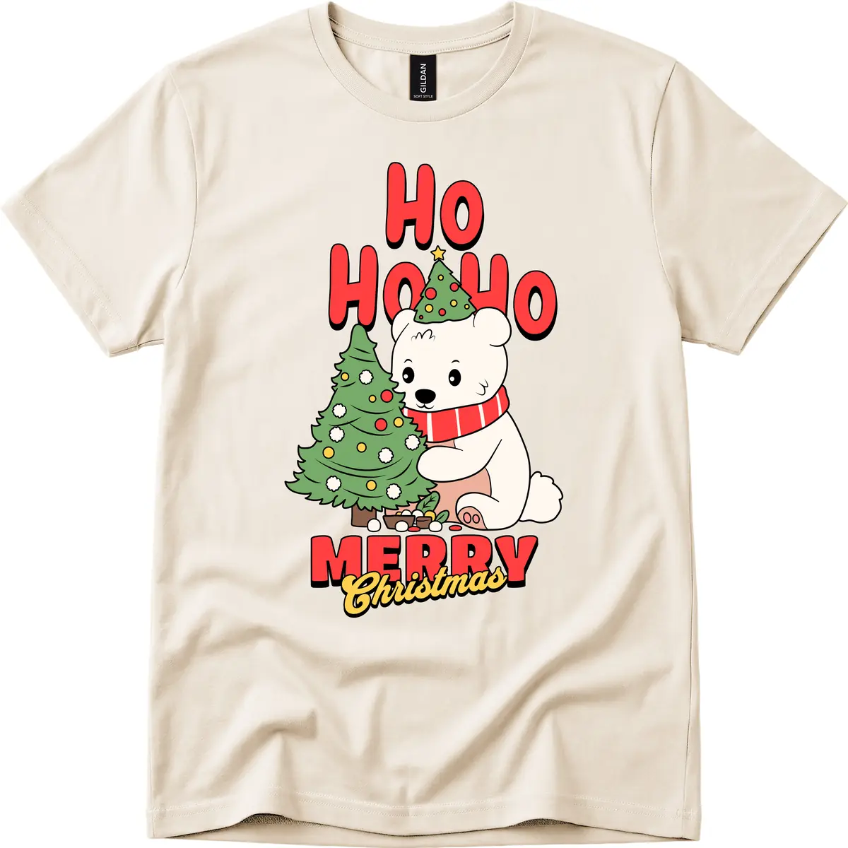 Polar Bear Ho Ho Ho Christmas T-Shirt in Natural