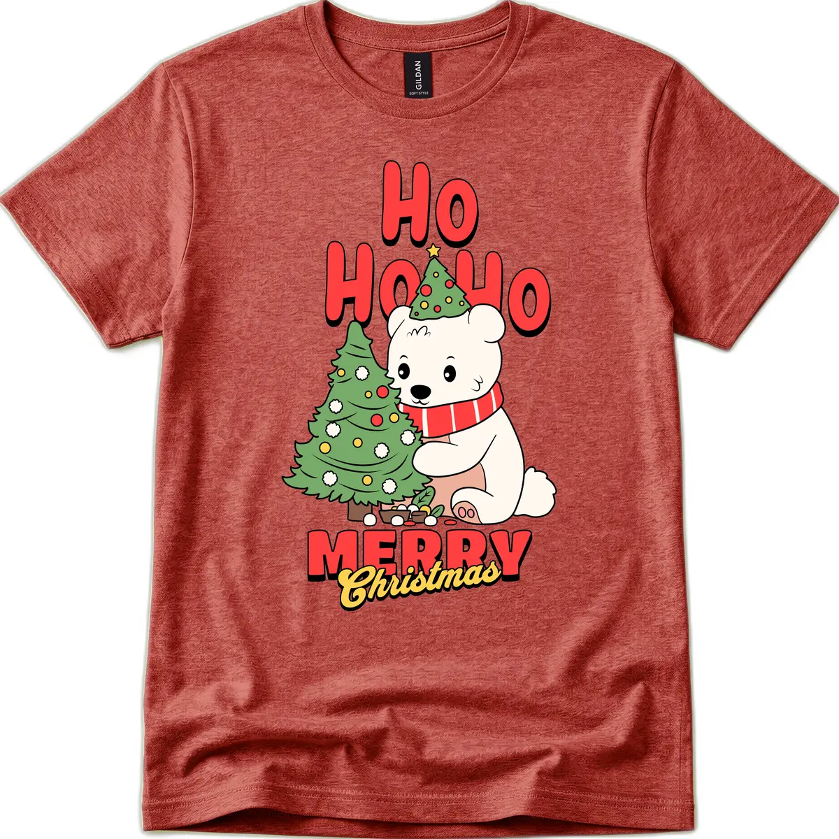 Polar Bear Ho Ho Ho Christmas T-Shirt in Heather Cardinal