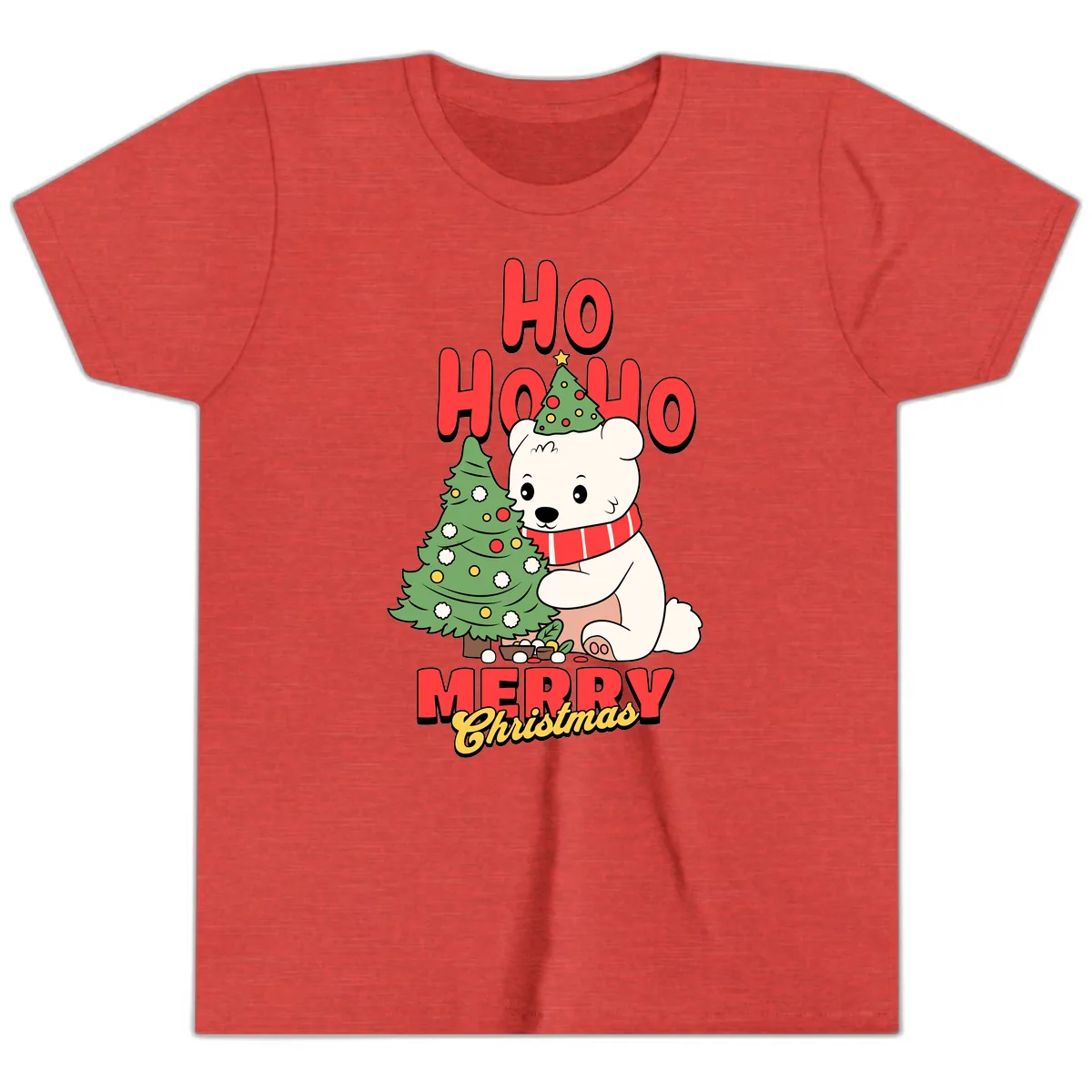Polar Bear Ho Ho Ho Christmas Youth T-Shirt in Heather Red