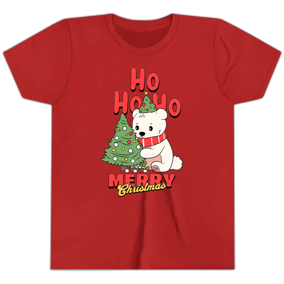 Polar Bear Ho Ho Ho Christmas Youth T-Shirt in Red