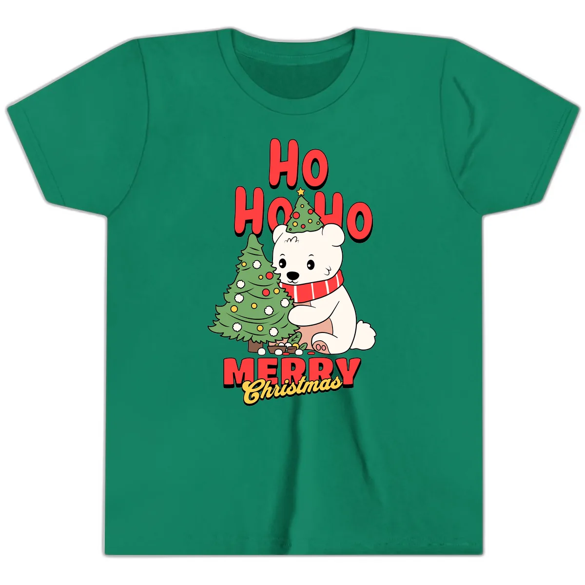 Polar Bear Ho Ho Ho Christmas Youth T-Shirt in Kelly