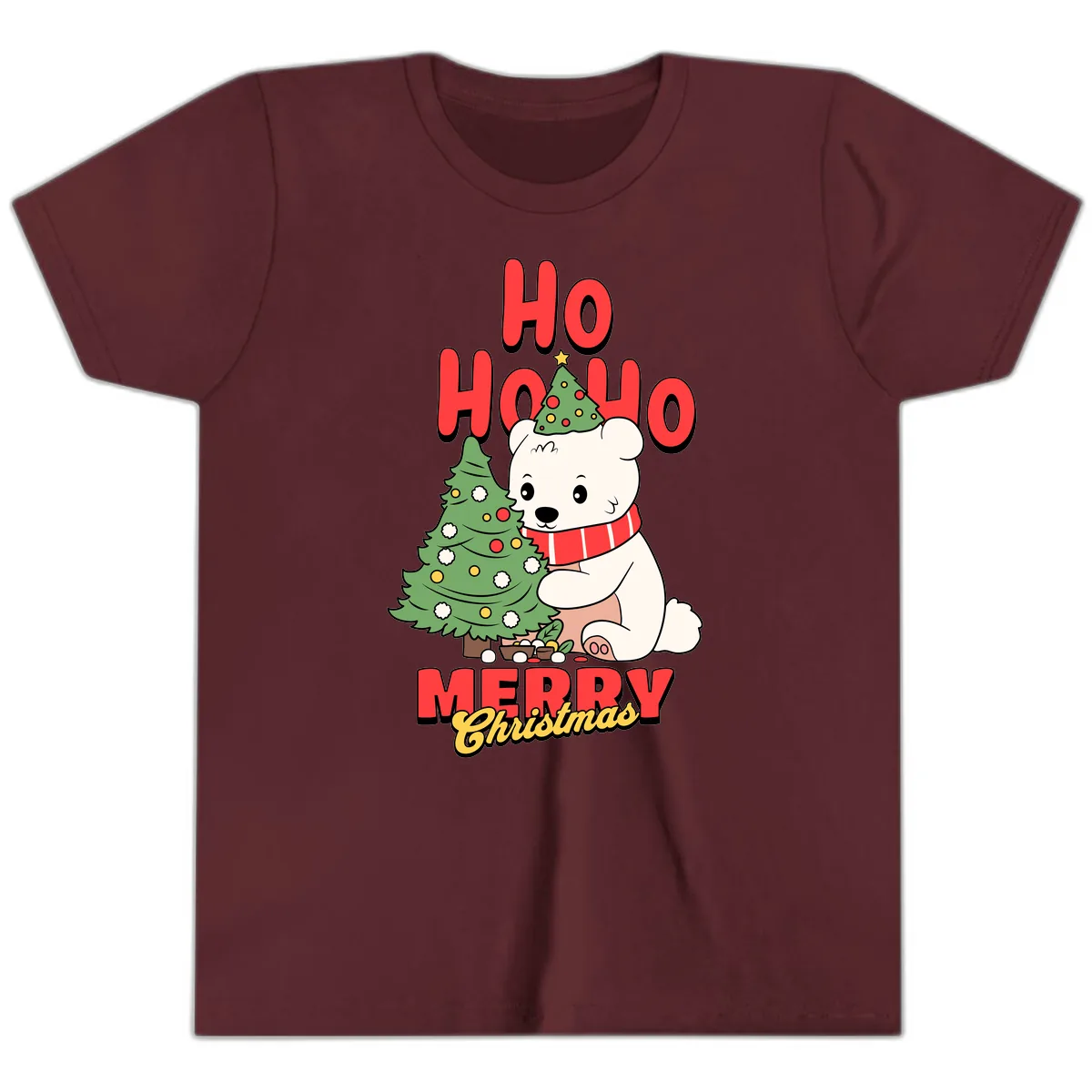 Polar Bear Ho Ho Ho Christmas Youth T-Shirt in Maroon