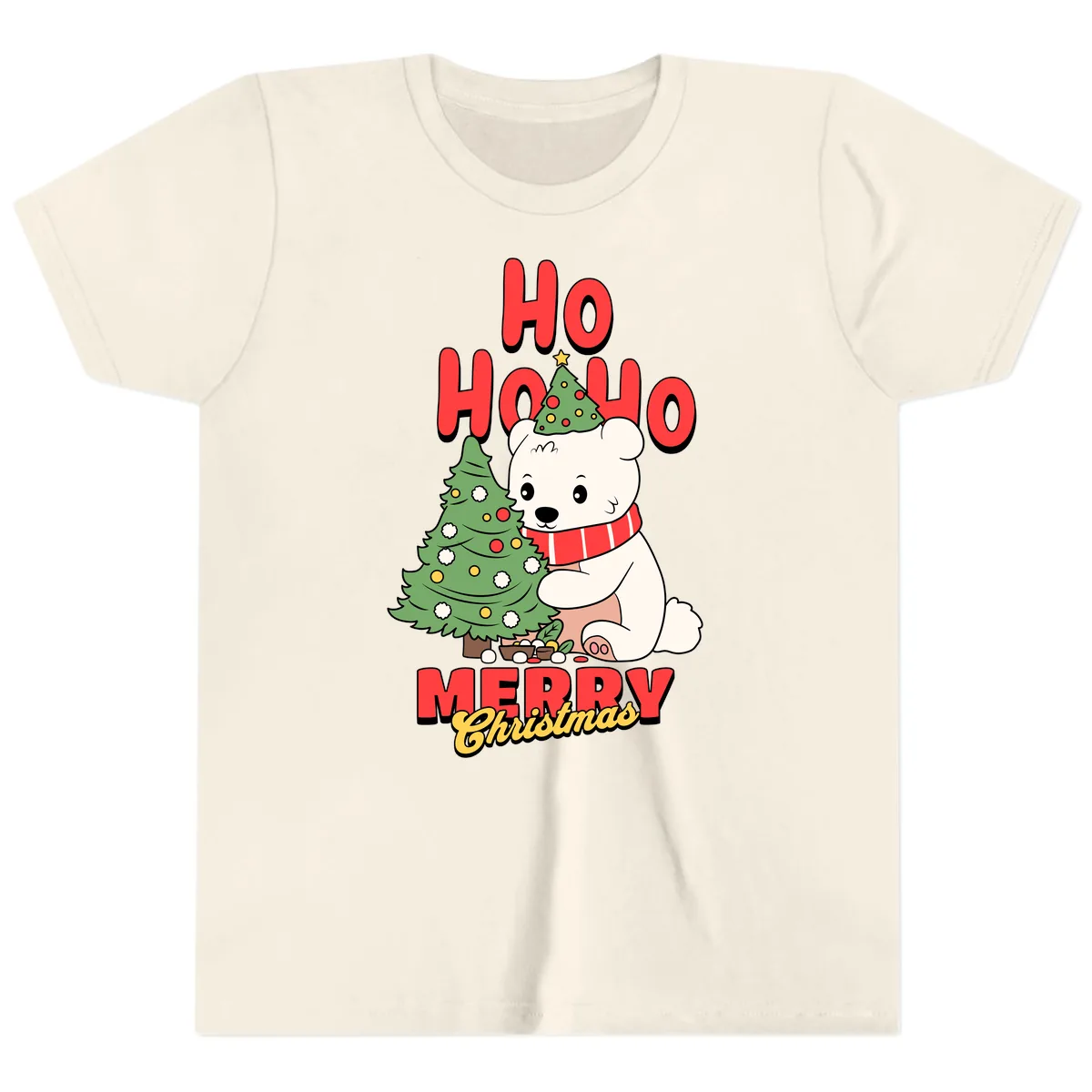Polar Bear Ho Ho Ho Christmas Youth T-Shirt in Natural