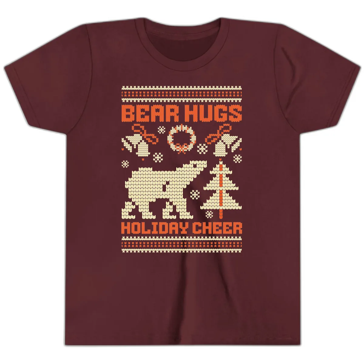 Bear Hugs Holiday Cheer Sweater Youth T-Shirt in Maroon