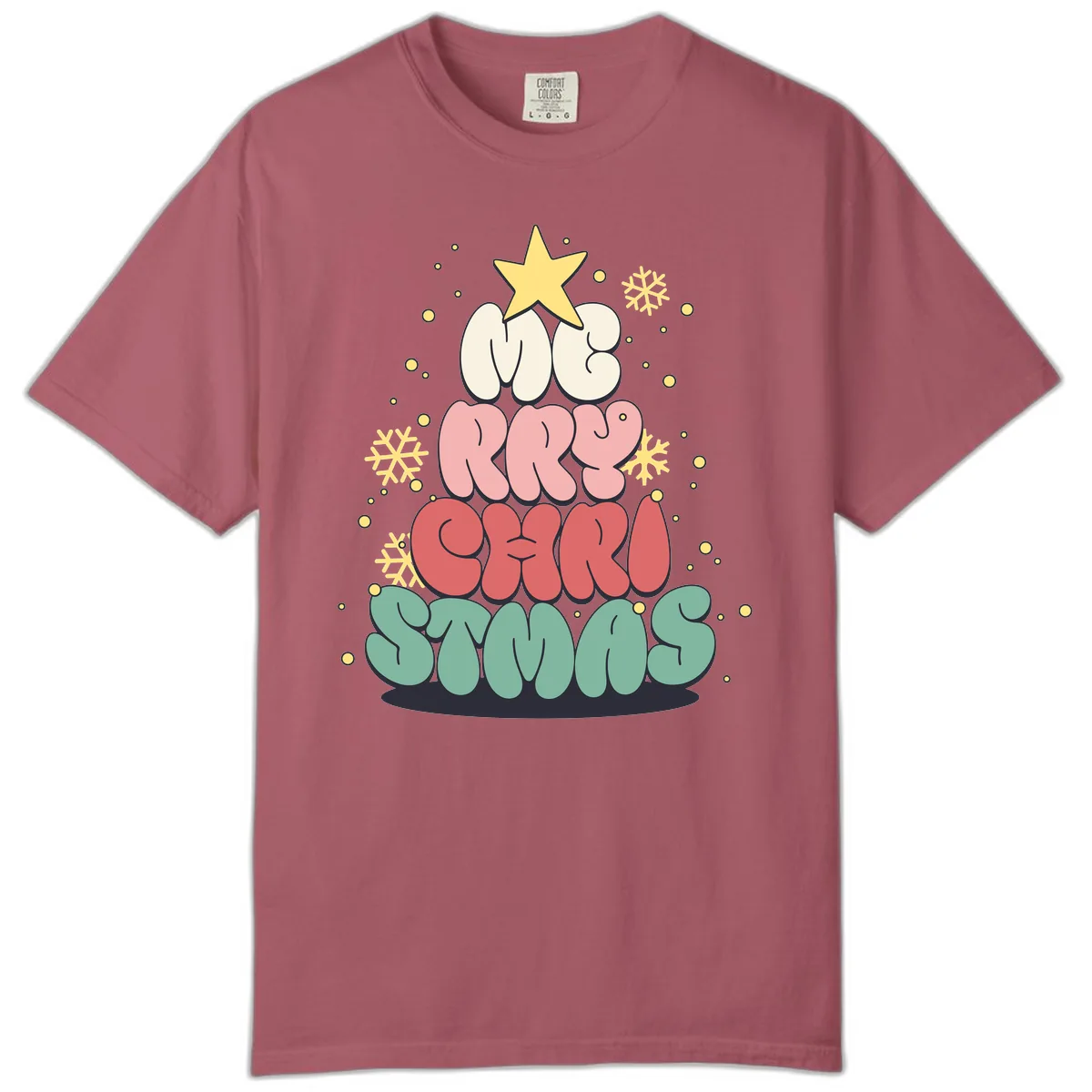 Retro Bubble Letter Christmas Tree Comfort Color in Crimson