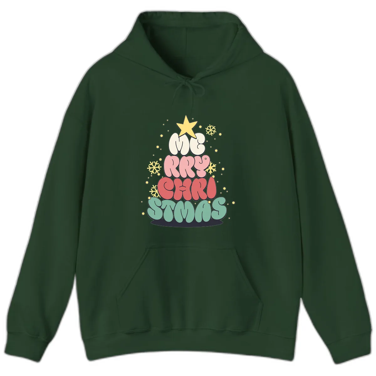 Retro Bubble Letter Christmas Tree Hoodie in Forest Green