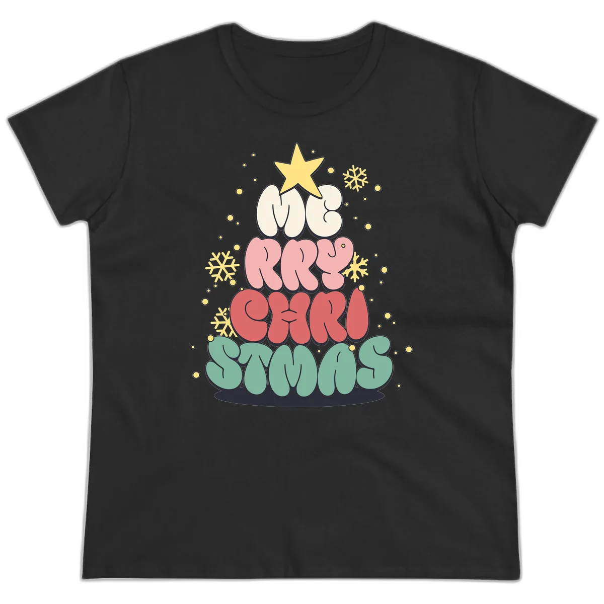 Retro Bubble Letter Christmas Tree Ladies Tee in Black
