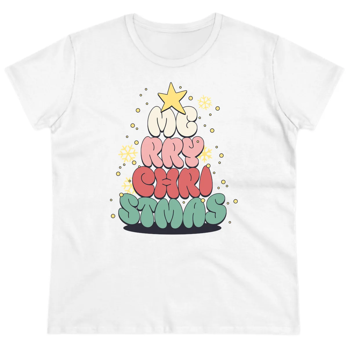 Retro Bubble Letter Christmas Tree Ladies Tee in White