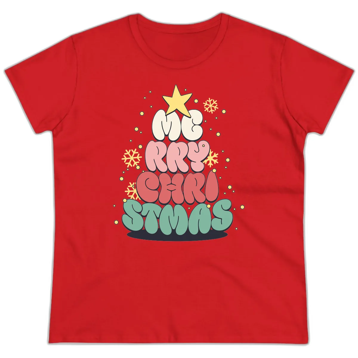 Retro Bubble Letter Christmas Tree Ladies Tee in Red
