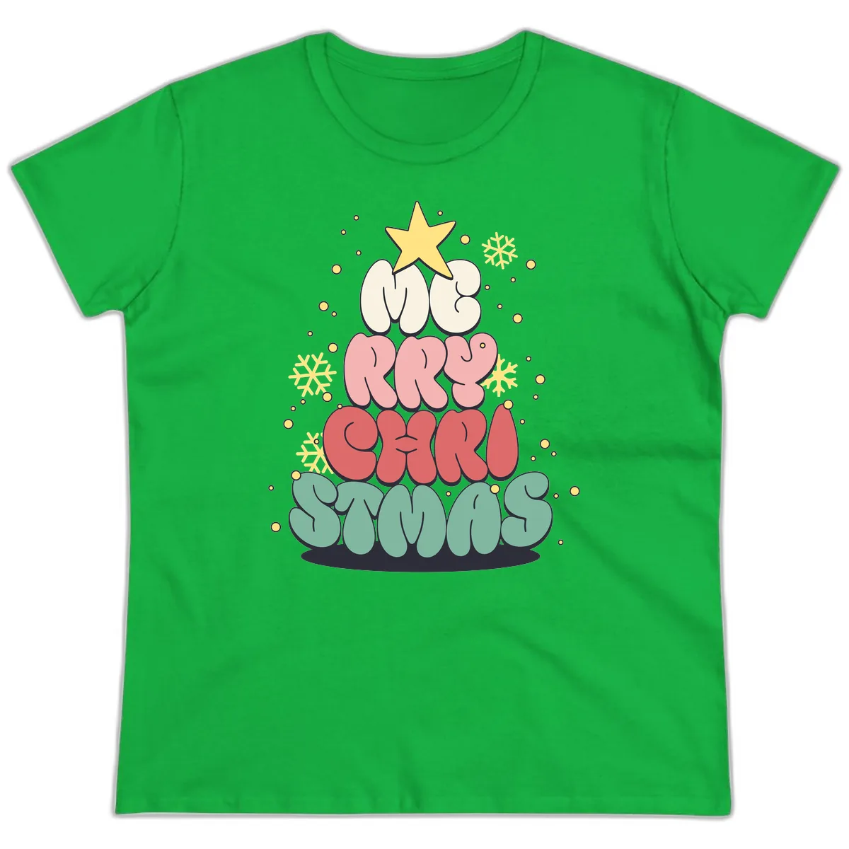 Retro Bubble Letter Christmas Tree Ladies Tee in Irish Green