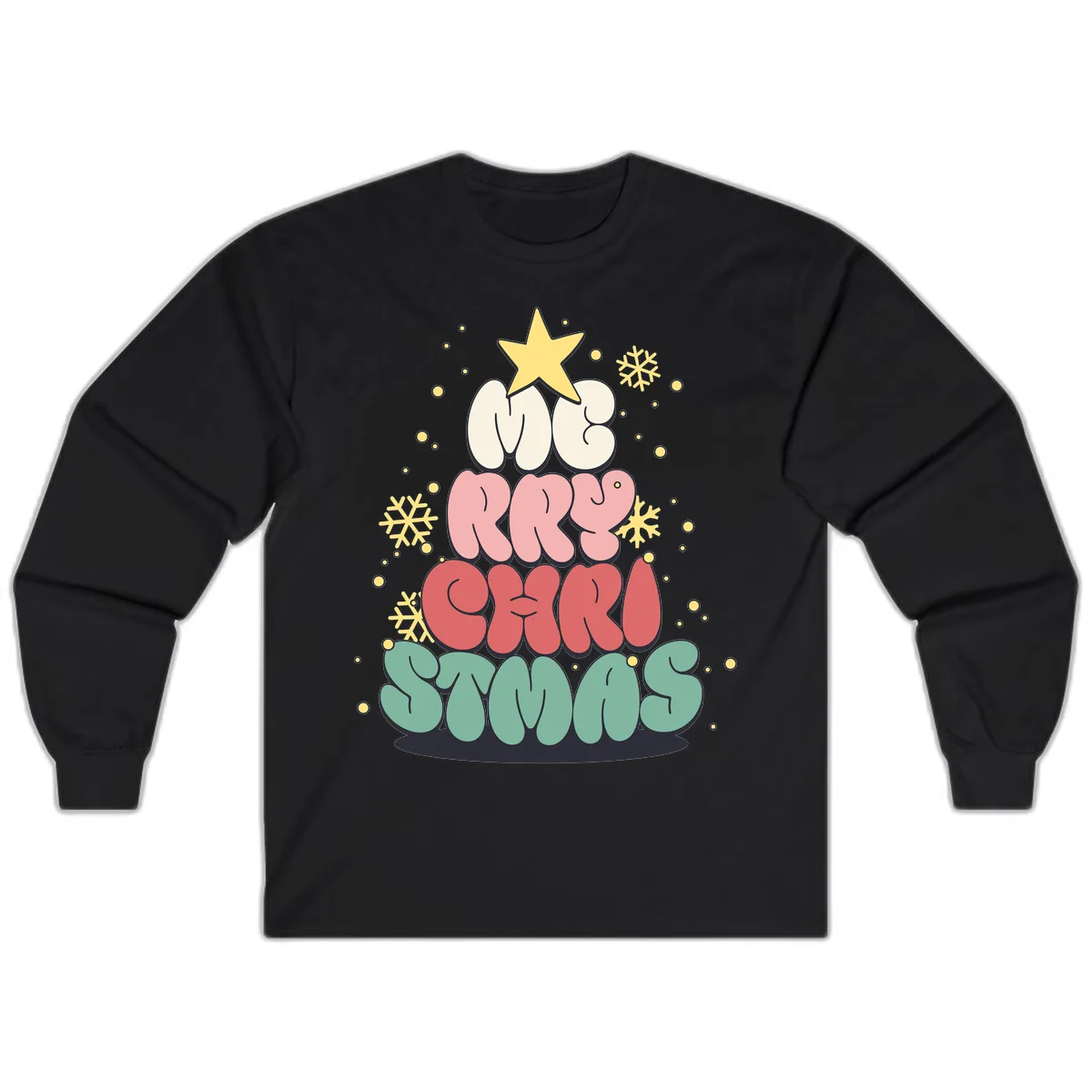 Retro Bubble Letter Christmas Tree Long Sleeve in Black