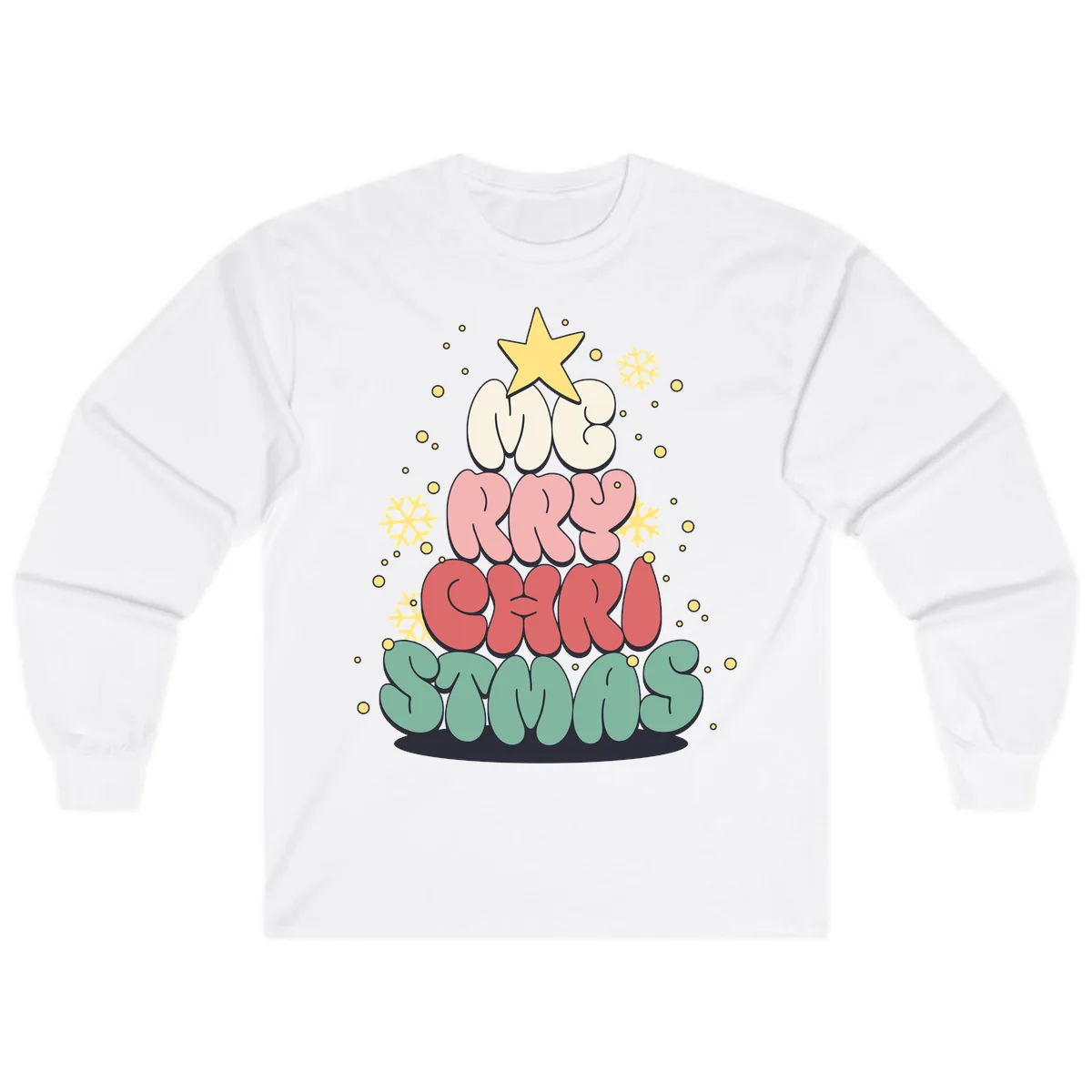 Retro Bubble Letter Christmas Tree Long Sleeve in White