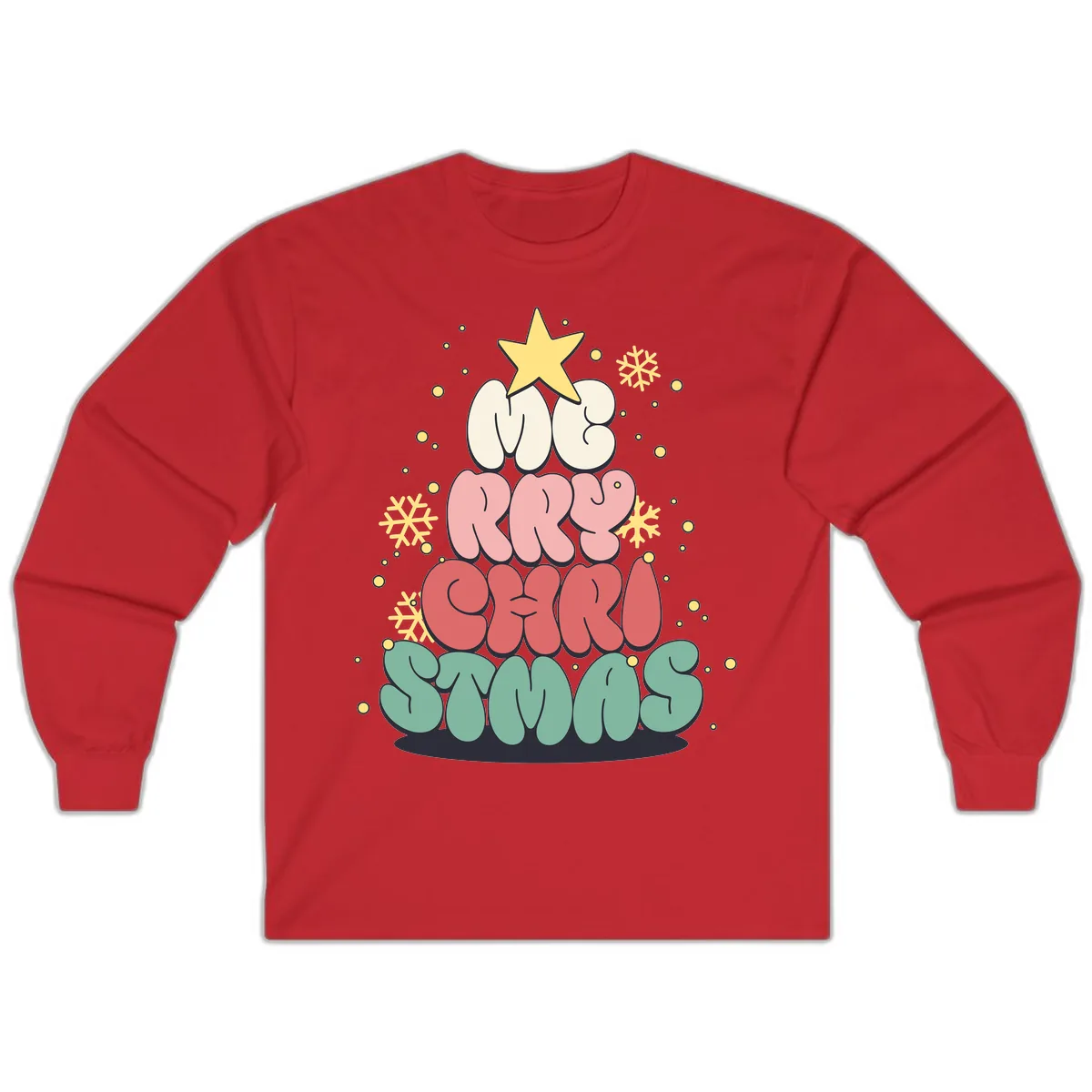 Retro Bubble Letter Christmas Tree Long Sleeve in Red