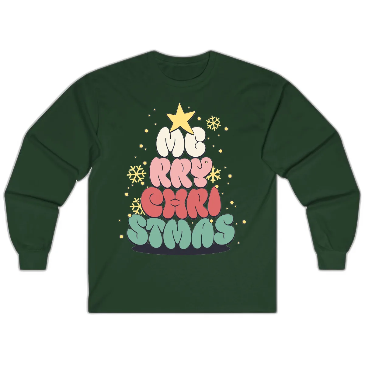 Retro Bubble Letter Christmas Tree Long Sleeve in Forest Green
