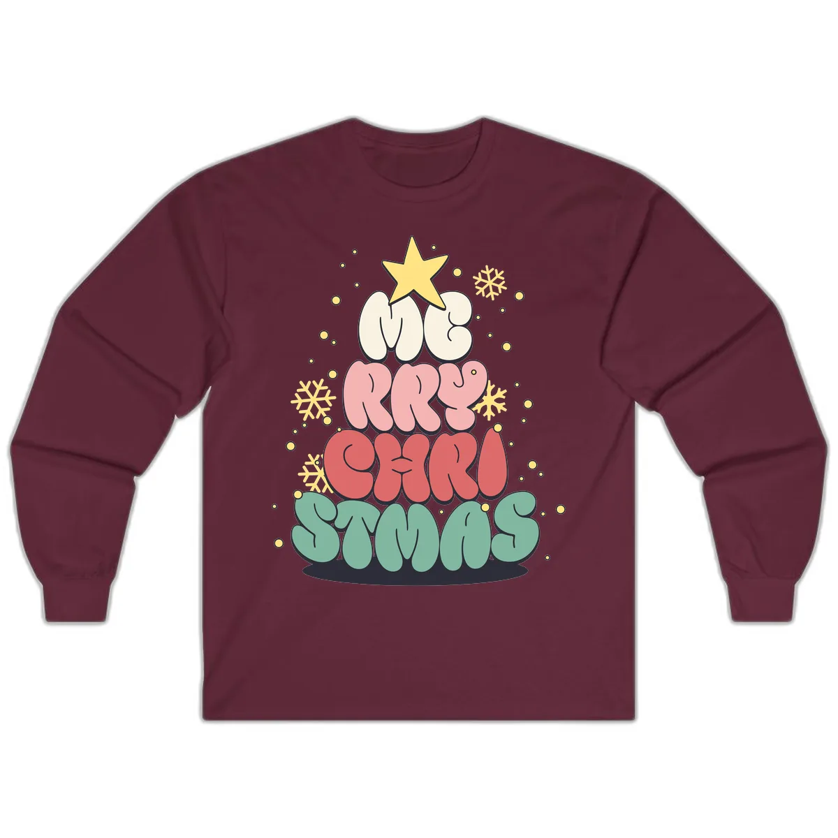 Retro Bubble Letter Christmas Tree Long Sleeve in Maroon