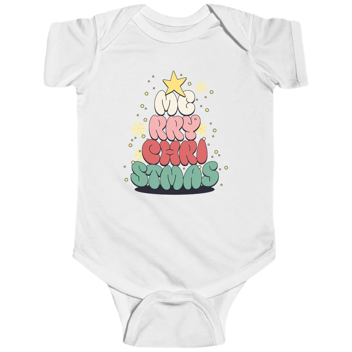 Retro Bubble Letter Christmas Tree Baby Onesie in White