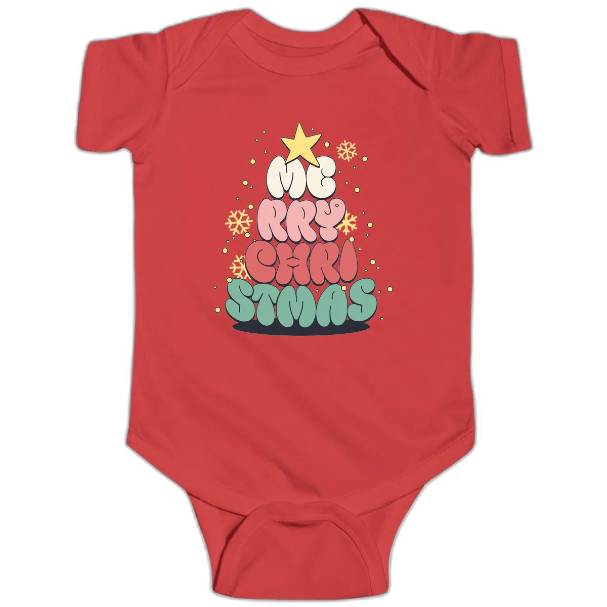 Retro Bubble Letter Christmas Tree Baby Onesie in Red