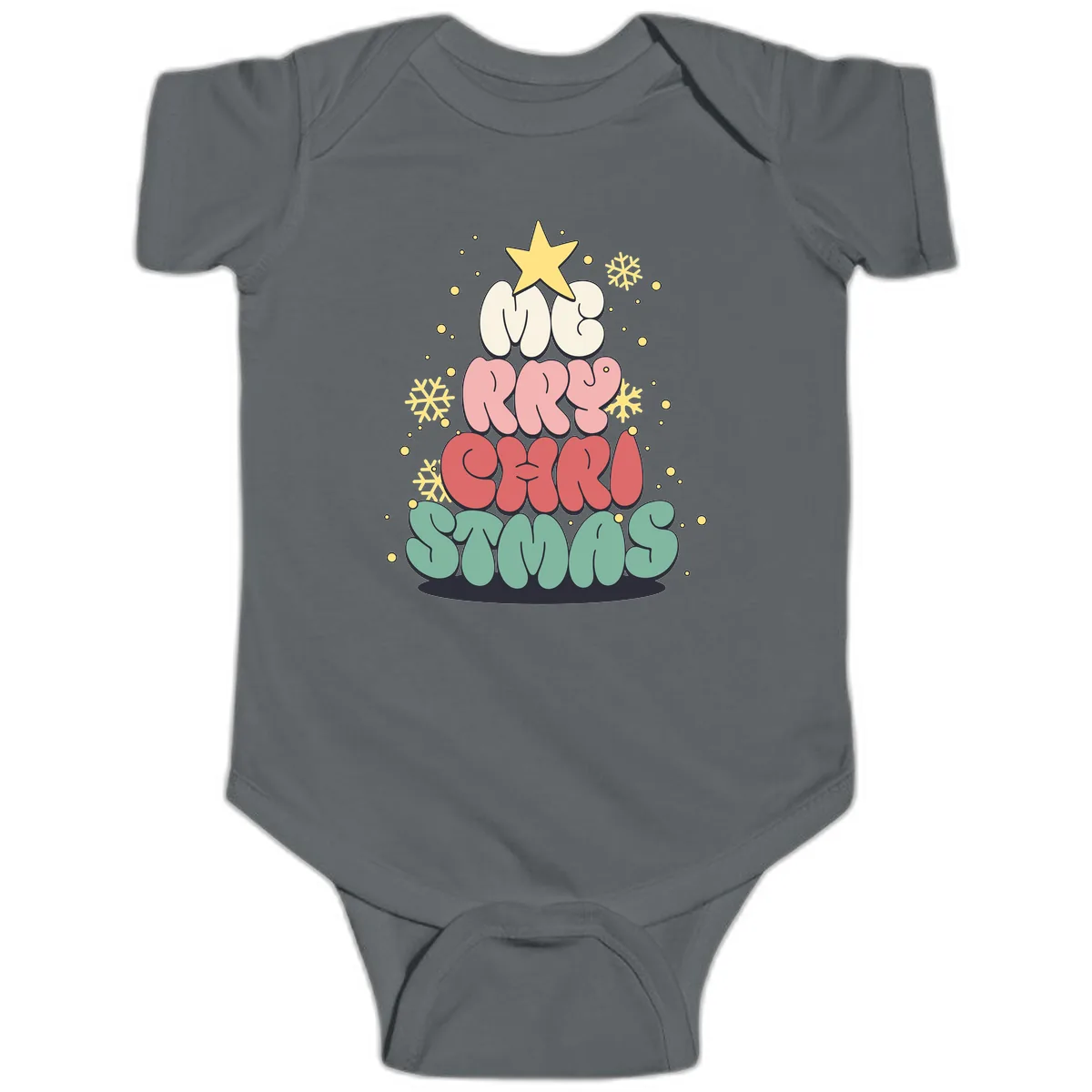 Retro Bubble Letter Christmas Tree Baby Onesie in Charcoal