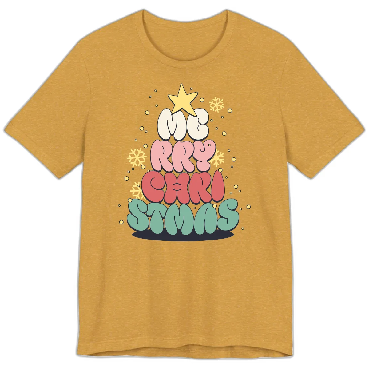 Retro Bubble Letter Christmas Tree Premium T-Shirt in Heather Mustard