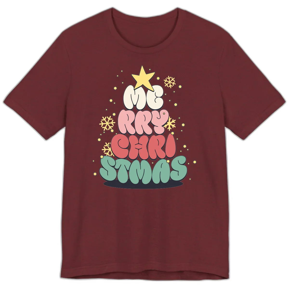 Retro Bubble Letter Christmas Tree Premium T-Shirt in Heather Cardinal