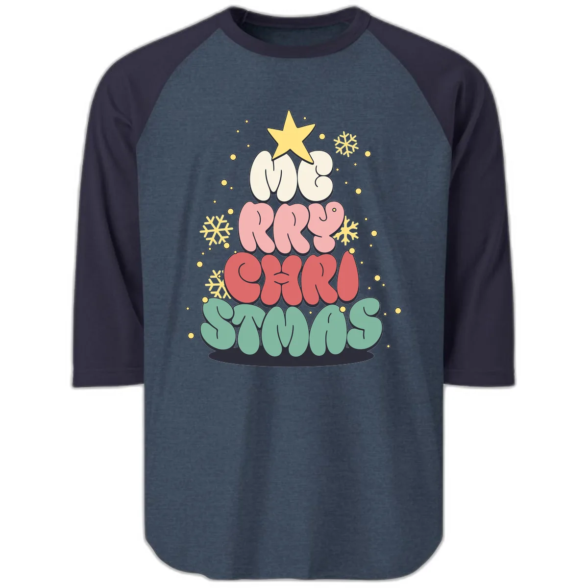 Retro Bubble Letter Christmas Tree Raglan 3/4 in Heather Denim Navy