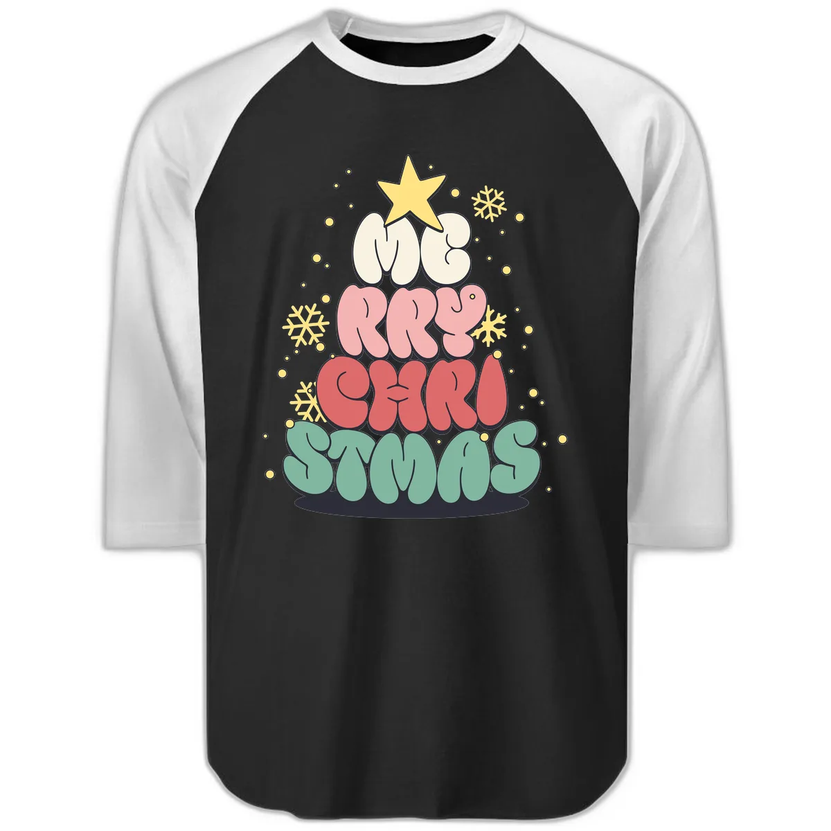 Retro Bubble Letter Christmas Tree Raglan 3/4 in Black White