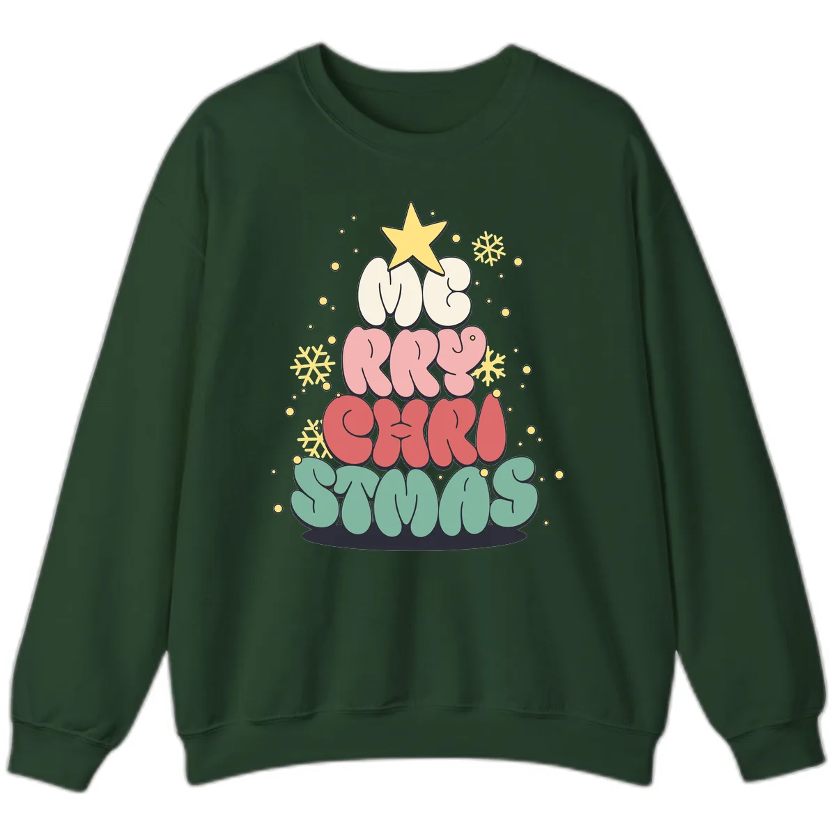 Retro Bubble Letter Christmas Tree Sweatshirt in Forest Green
