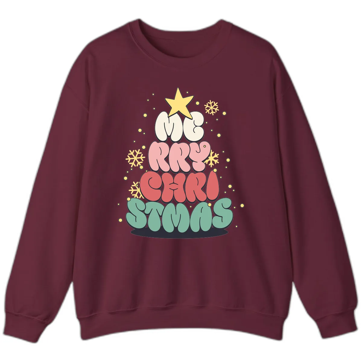 Retro Bubble Letter Christmas Tree Sweatshirt in Maroon