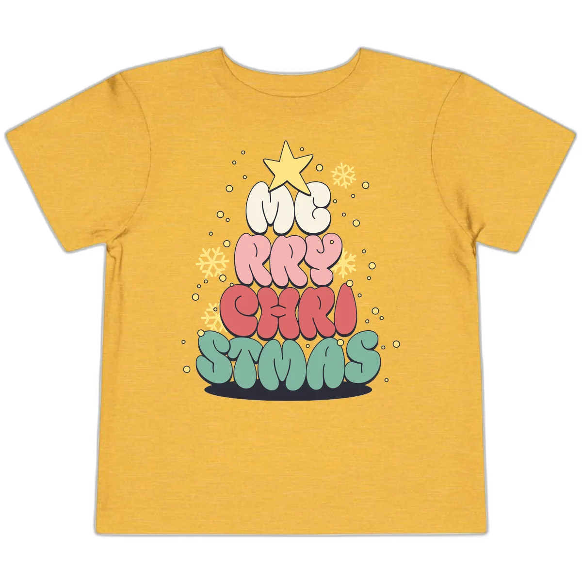 Retro Bubble Letter Christmas Tree Toddler T-Shirt in Heather Yellow Gold