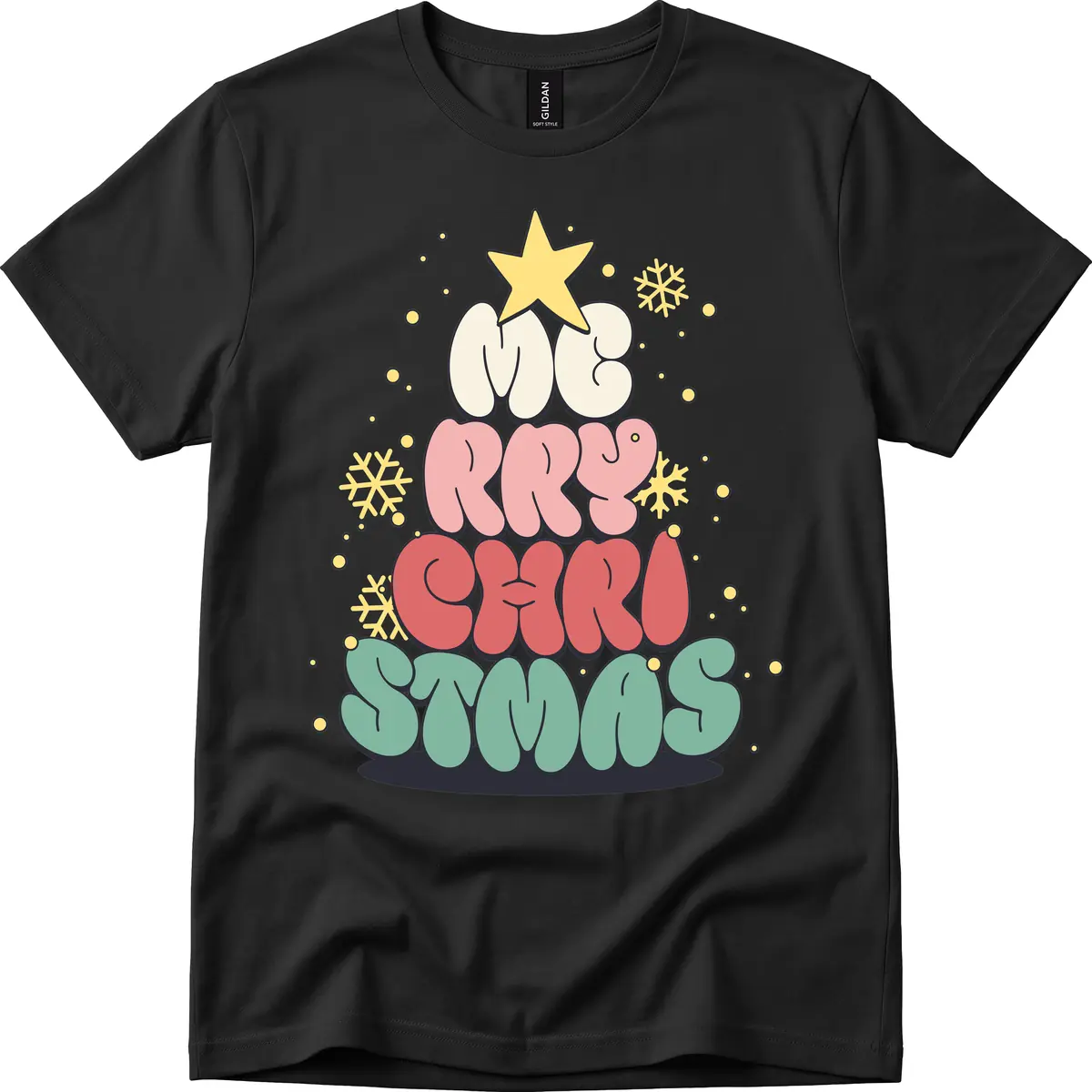 Retro Bubble Letter Christmas Tree T-Shirt in Black