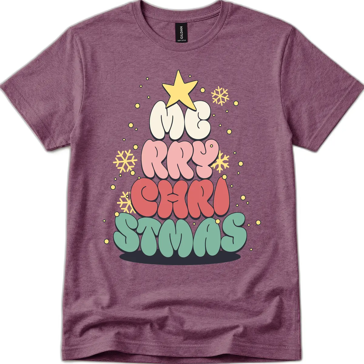 Retro Bubble Letter Christmas Tree T-Shirt in Heather Maroon