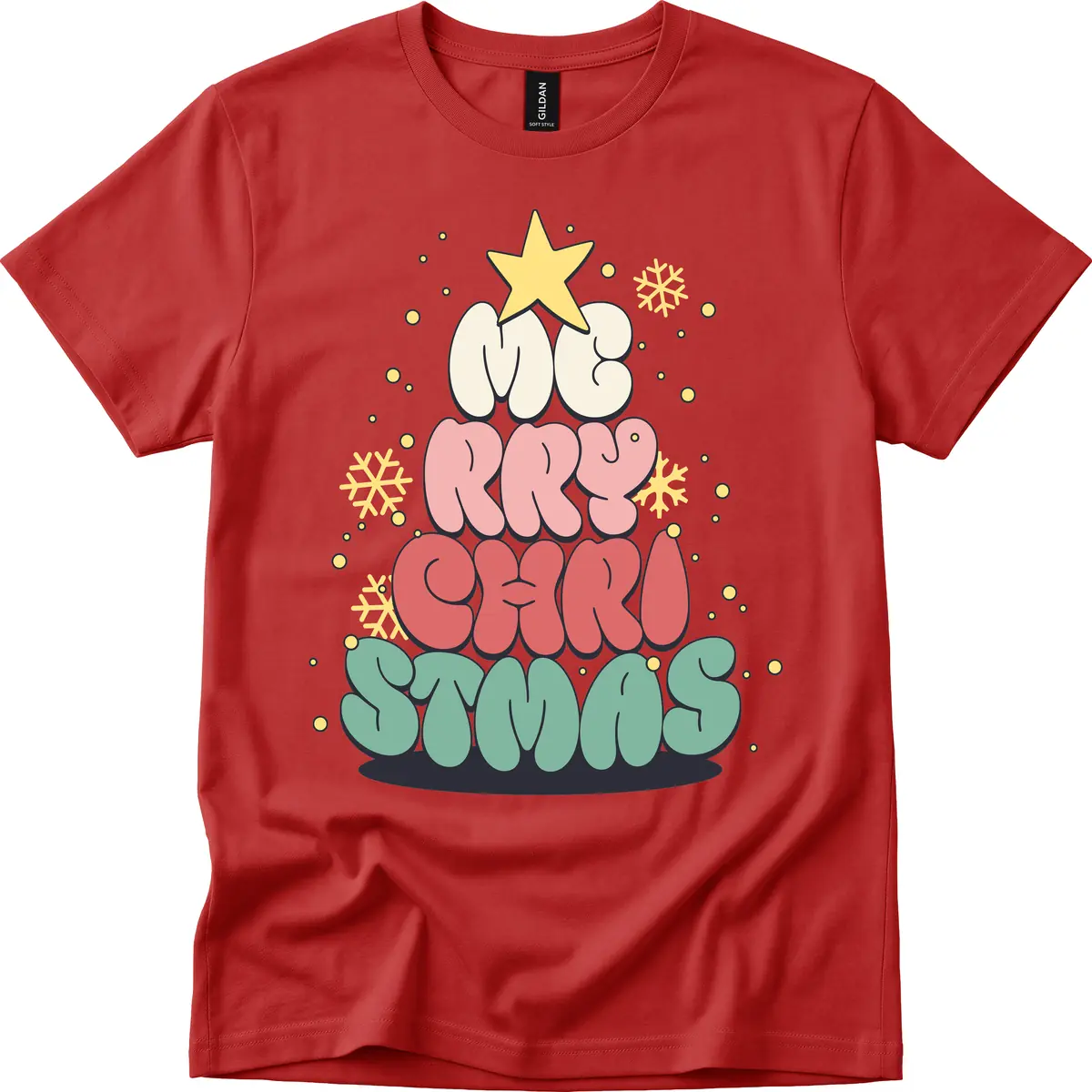 Retro Bubble Letter Christmas Tree T-Shirt in Red