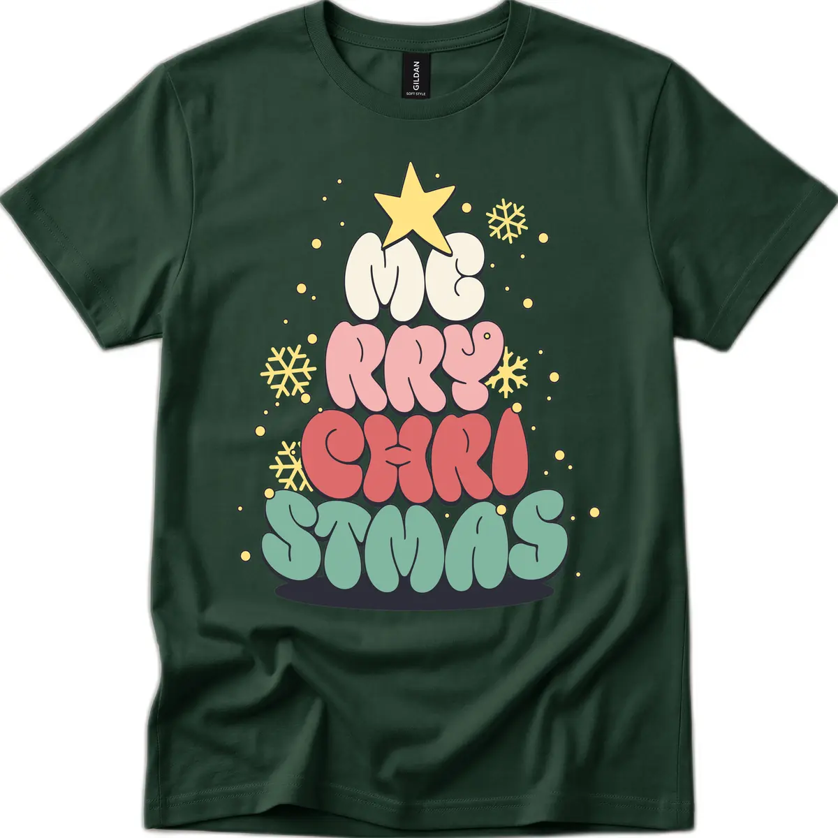 Retro Bubble Letter Christmas Tree T-Shirt in Forest Green
