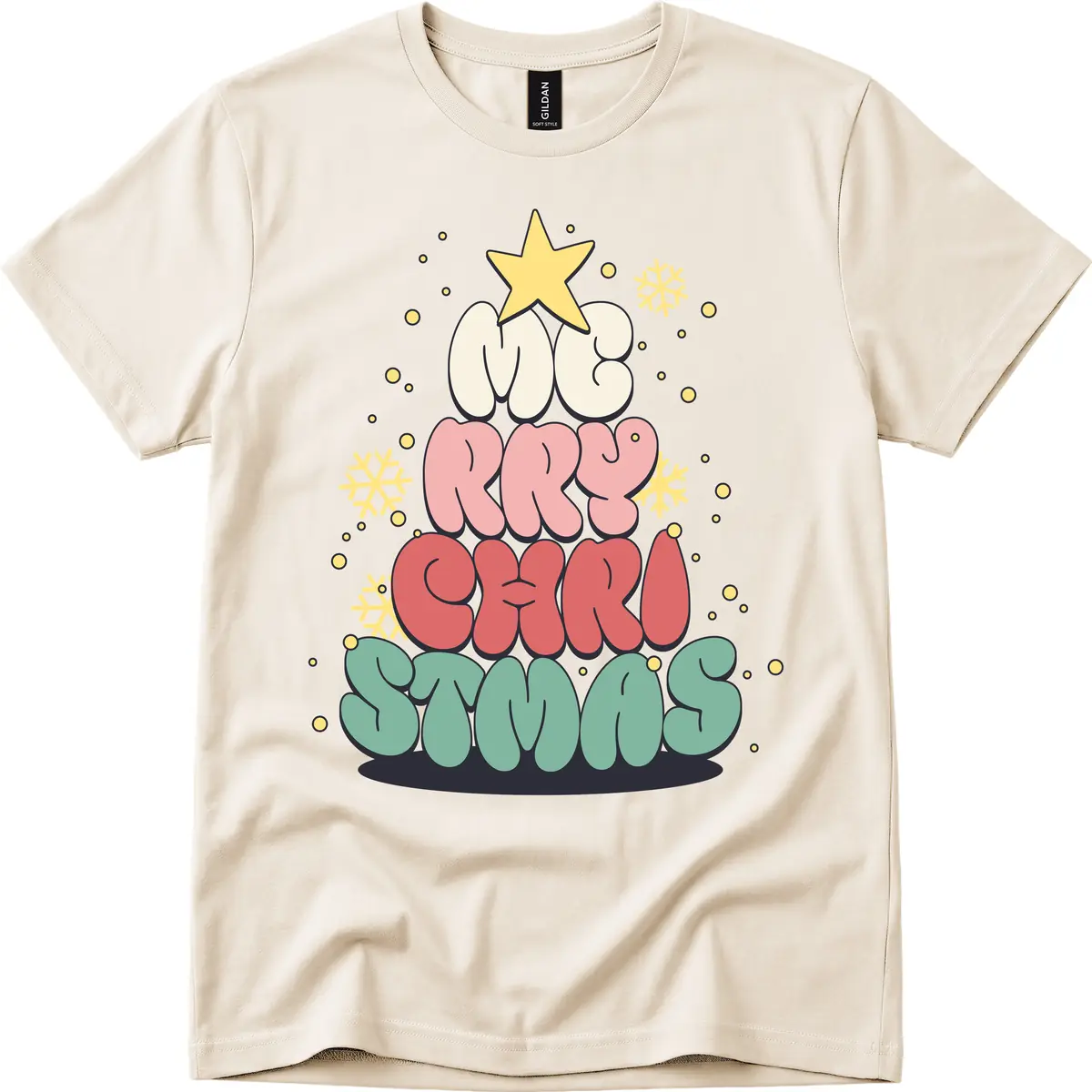 Retro Bubble Letter Christmas Tree T-Shirt in Natural