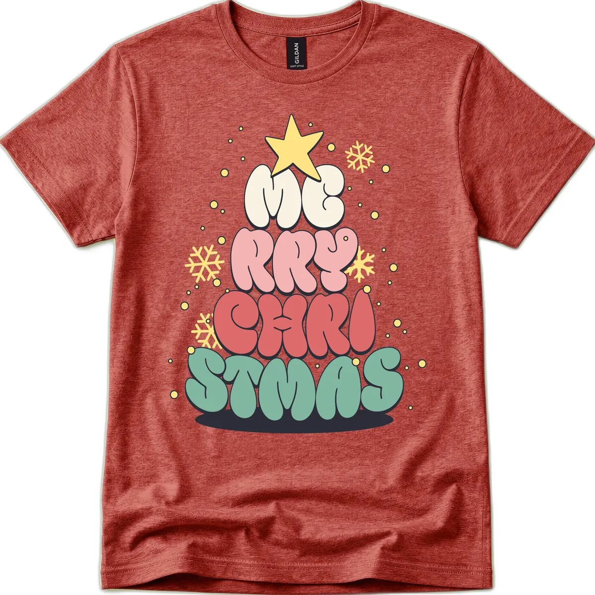 Retro Bubble Letter Christmas Tree T-Shirt in Heather Cardinal