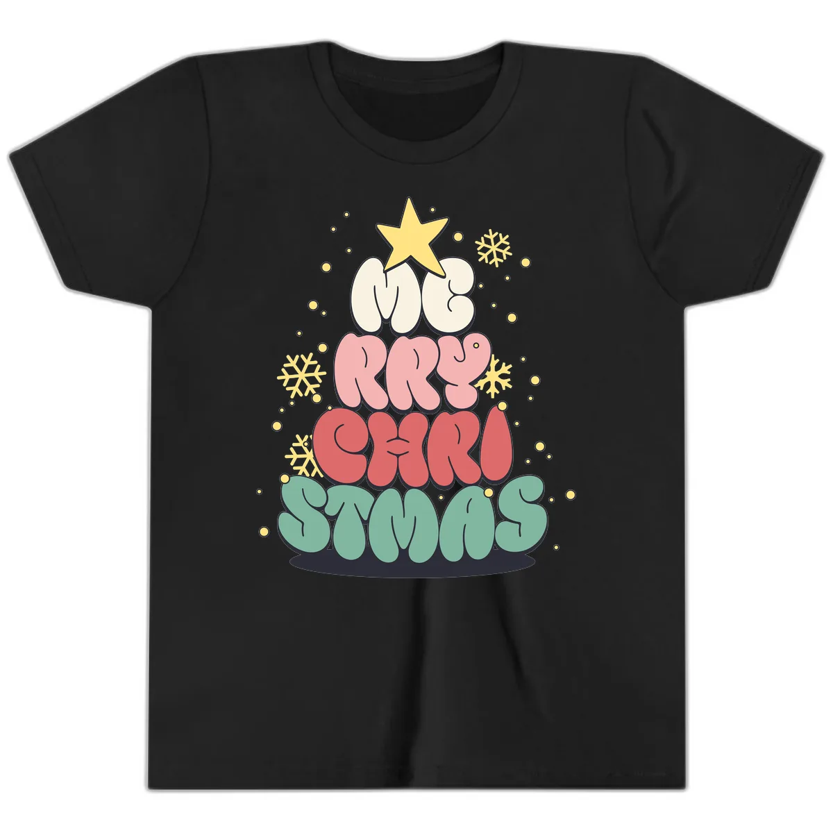Retro Bubble Letter Christmas Tree Youth T-Shirt in Black